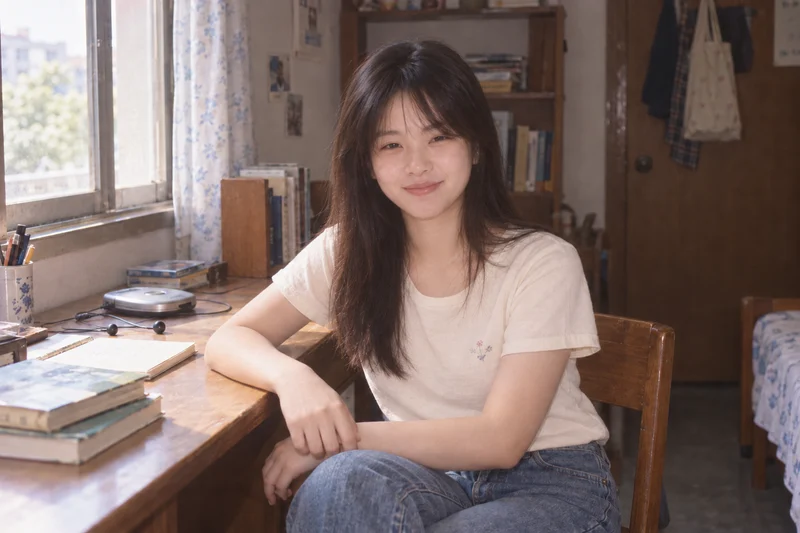 小雅穿浅色T恤坐在窗边书桌旁，影像带有千禧年风格。